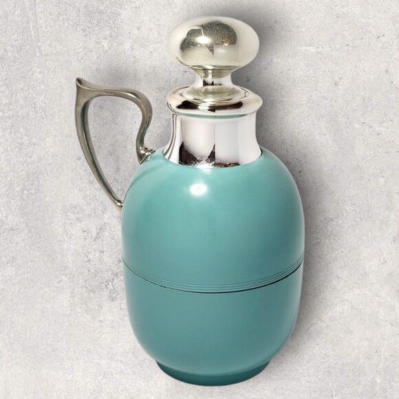 Vintage Manning Bowman Art Deco Turquoise Thermos & Tray w/ Glass Stopper Chrome - Picture 5 of 16